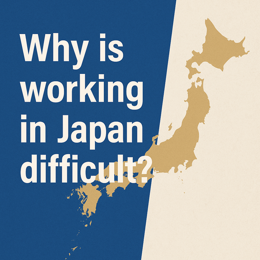 A digital graphic in English showing a professional foreign worker in Japan, symbolizing the challenges of working in Japan as a foreigner.
