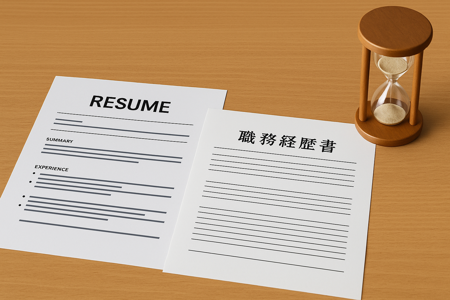 外資系転職をテーマにしたイメージ。デスクに英文レジュメと日本語の職務経歴書が並び、横に砂時計が置かれている。書類選考が数秒で判断されることを象徴している。