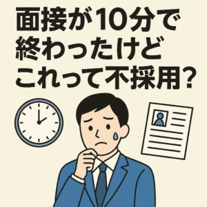 面接が10分で終わり、少し驚いた表情で退室するスーツ姿の男性。背景に時計と履歴書が描かれたフラットデザインのイラスト。