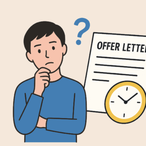 外資系企業のオファーレターを待つビジネスパーソンが、時計と書類を見ながら考えているイラスト。落ち着いた色合いで、オファー通知を待つ不安と冷静さを表現している。