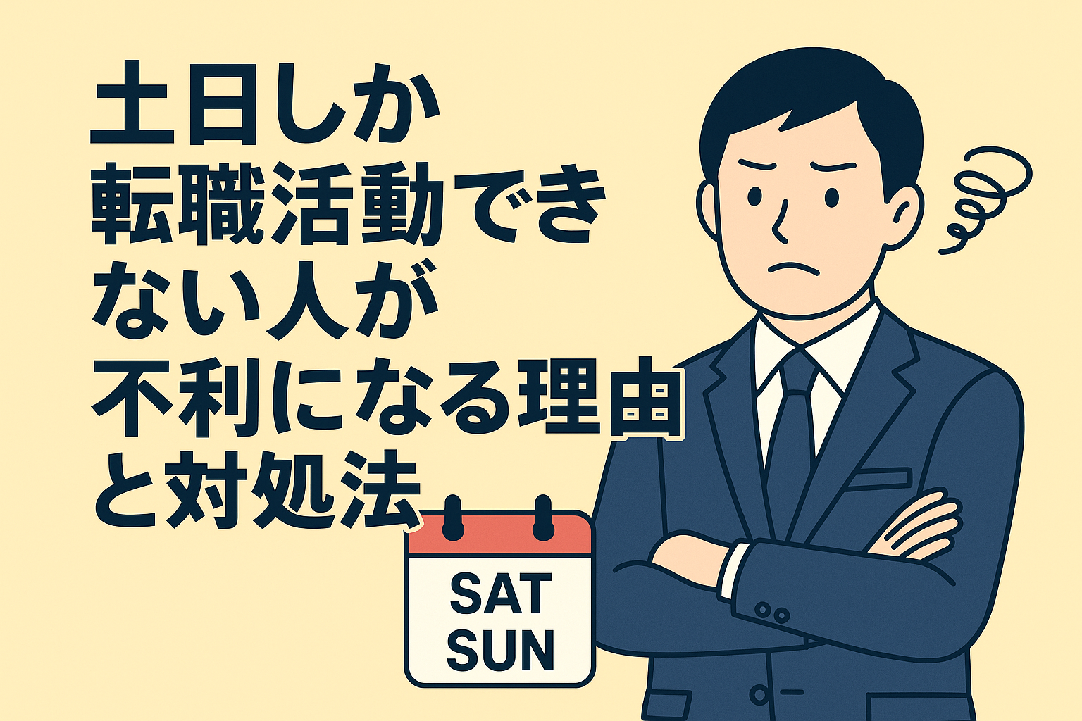 スーツ姿の男性が腕を組んで悩んでいるイラスト。左側には「土日しか転職活動できない人が不利になる理由と対処法」という日本語タイトルと、週末（土日）を示すカレンダーアイコンが描かれている。転職活動の悩みをテーマにしたブログ記事のアイキャッチ画像。