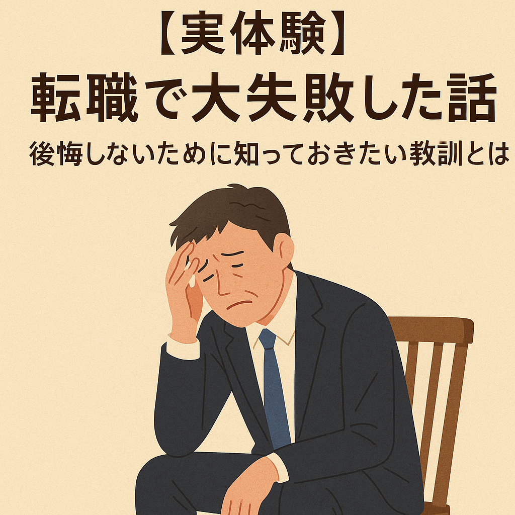 転職に失敗して悩む男性のイラスト。スーツ姿の中年男性が椅子に座り頭を抱えており、「転職で大失敗した話」「後悔しないために知っておきたい教訓とは」という日本語のタイトル入り。転職ミスマッチ・後悔・キャリア選択の失敗談に関連するブログ記事のアイキャッチ画像。