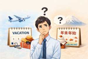 年末年始休暇や夏季休暇について悩むビジネスマンのイラスト。中央に考え込む若い男性が立ち、左側にはスーツケースやビーチグッズと「VACATION」と書かれたカレンダー、右側には鏡餅や「年末年始」と書かれた日本のカレンダーが描かれている。外資系企業と日系企業の休暇制度の違いを象徴する構図。