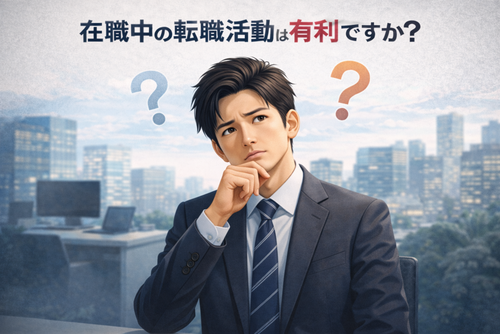 スーツ姿の若い日本人男性がオフィスで考え込むような表情を浮かべている。背景には都会の高層ビルが広がり、男性の頭上には青とオレンジの疑問符が浮かぶ。「在職中の転職活動は有利ですか？」という問いが画像上部に表示され、転職活動のタイミングについて悩む様子を表現している。