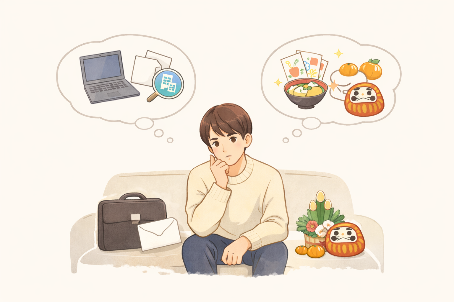 年末年始に転職活動を続けるべきか悩む若い男性のイラスト。ソファに座り、左の吹き出しにはノートパソコンや封筒、企業アイコンが描かれた書類があり、仕事や転職を象徴。一方、右の吹き出しにはお雑煮、年賀状、だるま、みかんなどお正月を連想させるアイテムが並び、休日の過ごし方との対比が描かれている。