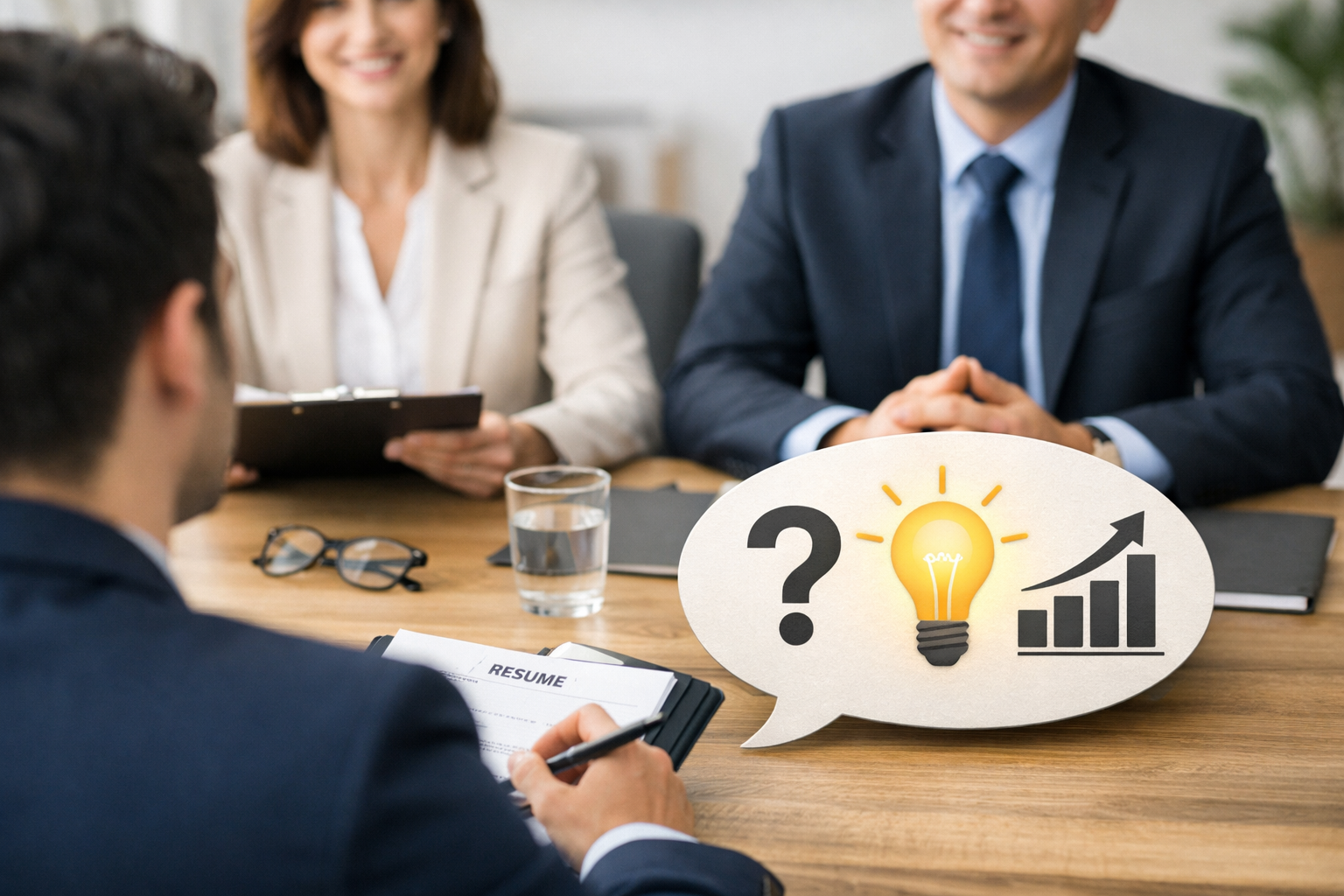 「面接で逆質問をする求職者と、質問に耳を傾ける2人の面接官。質問力やコミュニケーション能力が評価される場面を象徴する面接シーン」