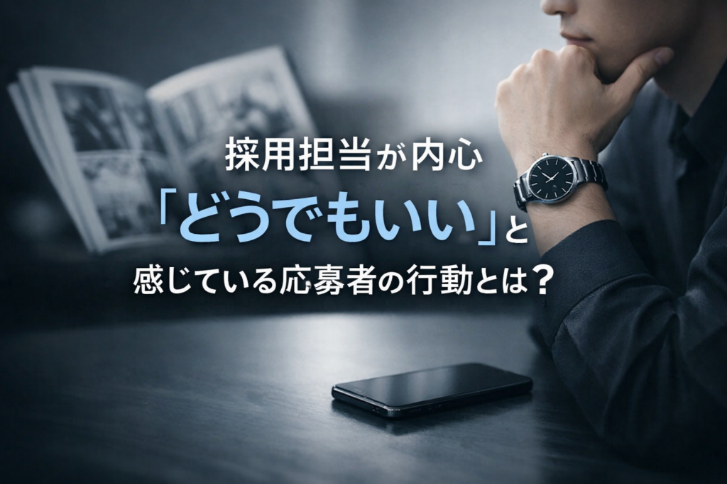 企業の採用担当者が面接で内心「どうでもいい」と感じている応募者の行動をテーマにしたブログ記事のアイキャッチ画像。スマートフォンを机に置き、顎に手を当てて考えるスーツ姿の男性と、背景には開かれた雑誌がぼんやり映るシーン。