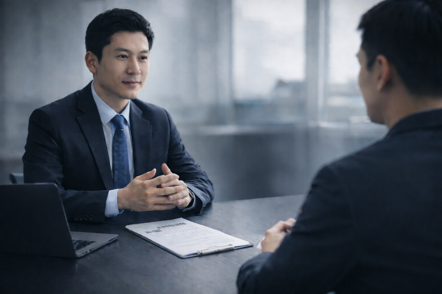 スーツ姿の東アジア系男性2人が対面で面接を行っているビジネスシーンの写真。左側の人物は外資系企業の採用担当者のように見え、ノートパソコンと履歴書が置かれたデスク越しに、落ち着いた表情で応募者に向き合っている。右側の人物は後ろ姿で、会話中の様子が伝わる構図。現代的なオフィス環境を背景に、外資系転職や面接シーンに関連するテーマを想起させるビジュアル。