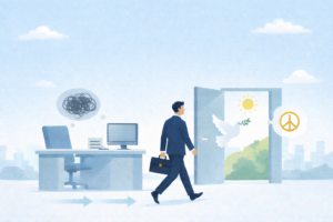 転職に対する不安や罪悪感から解放されるイメージを表現したイラスト｜オフィスのデスクを離れて明るい外の世界へ歩き出すビジネスマンと、平和の象徴であるハトと太陽の光が未来への前向きな転職を示す構図