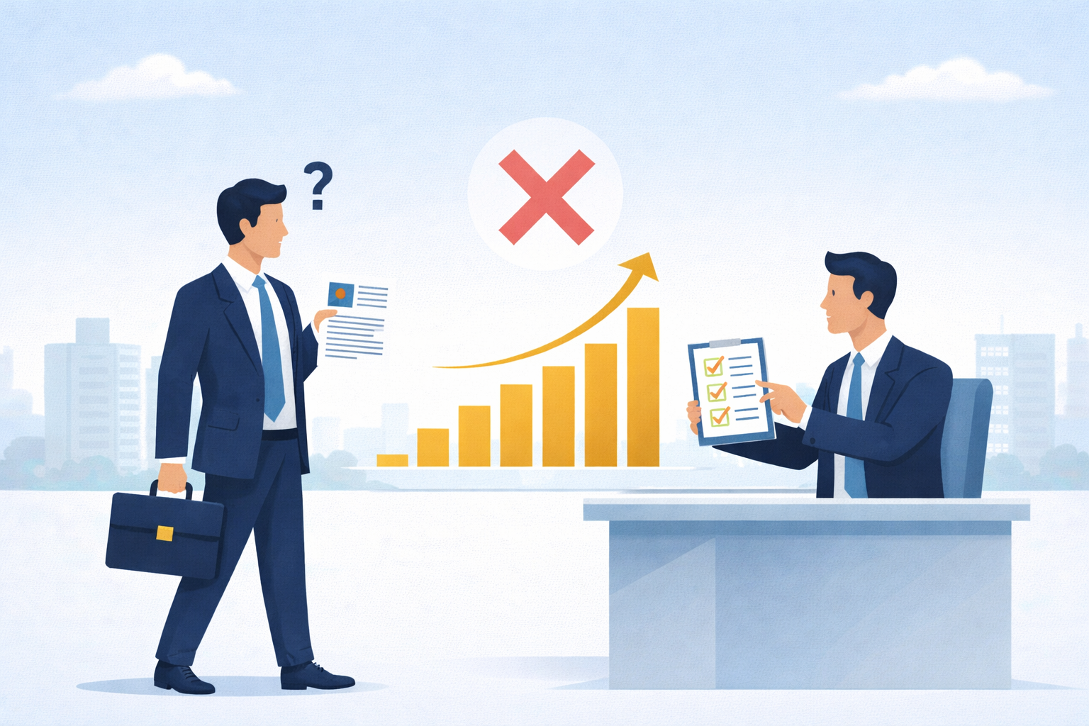 転職理由に「キャリアアップ」を挙げるリスクを示すイラスト｜グラフとバツ印を背景に、困惑した応募者とチェックリストを確認する採用担当者のやり取りが描かれ、中途採用における評価基準の重要性を表現