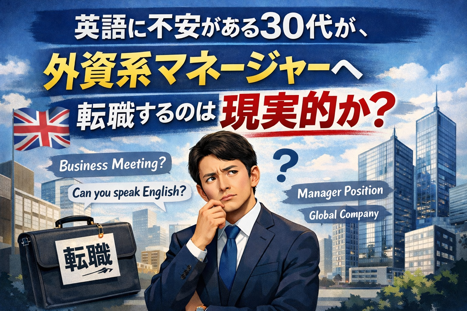 「英語に不安がある30代男性が、外資系企業のマネージャー職への転職に悩む様子を描いたイラスト。背景には高層ビル群とイギリス国旗、英語のフレーズや“JOB CHANGE”と書かれたビジネスバッグが配置され、グローバル企業への挑戦を示唆。」