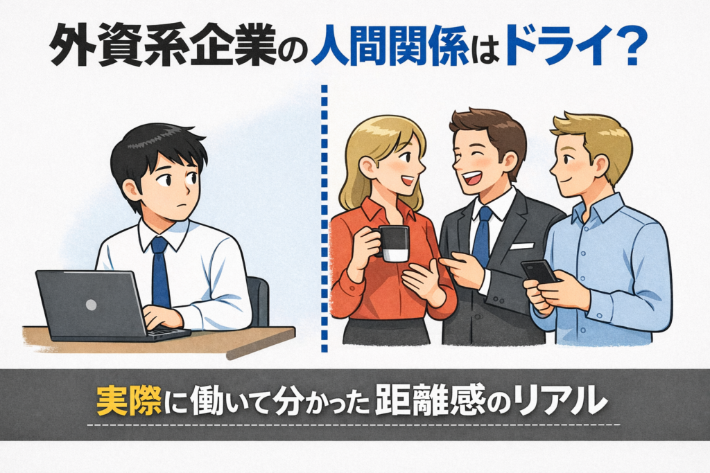外資系企業での人間関係や職場の距離感を描いたイラスト。日本人男性社員が1人でパソコンに向かい、仕切り線の向こうで欧米系の同僚たちが談笑している様子から、外資系のドライな人間関係や社内コミュニケーションの特徴を表現している。