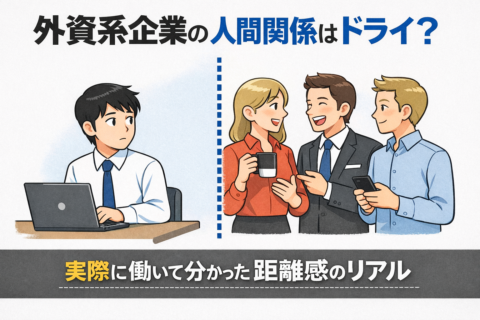 外資系企業での人間関係や職場の距離感を描いたイラスト。日本人男性社員が1人でパソコンに向かい、仕切り線の向こうで欧米系の同僚たちが談笑している様子から、外資系のドライな人間関係や社内コミュニケーションの特徴を表現している。