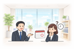 「転職面接のシーンを描いたイラスト。オフィス内で男性の採用担当者が女性の応募者に質問し、カレンダーと時計が配置された背景にはビル街が見える。『いつから働けますか？』という質問をイメージさせる構図。」