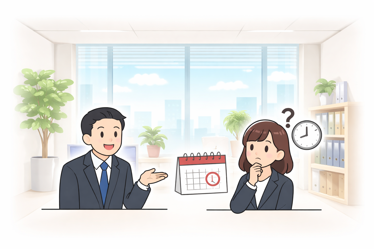 「転職面接のシーンを描いたイラスト。オフィス内で男性の採用担当者が女性の応募者に質問し、カレンダーと時計が配置された背景にはビル街が見える。『いつから働けますか？』という質問をイメージさせる構図。」