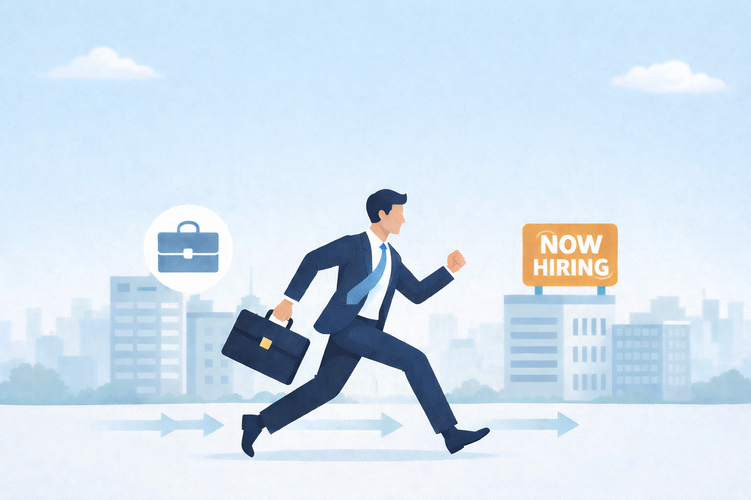 転職活動のスピード感を表現したビジネスマンのイラスト｜ブリーフケースを持ち前向きに走る姿と「NOW HIRING」看板でチャンスへの行動力を象徴