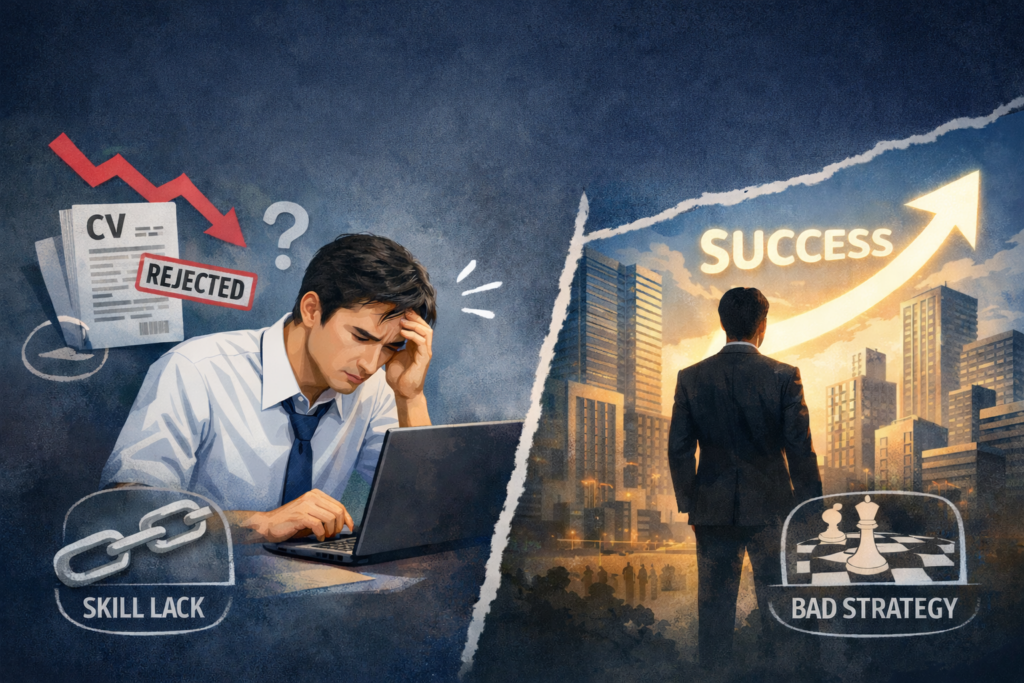 外資系企業への転職活動における失敗と成功の対比を描いたイラスト。左側には履歴書の不採用通知を受けて悩むビジネスマンと「SKILL LACK（スキル不足）」のアイコン、右側には高層ビル群を前に成功を象徴する矢印と「BAD STRATEGY（戦略の誤り）」のアイコンが配置され、転職の課題が視覚的に表現されている。