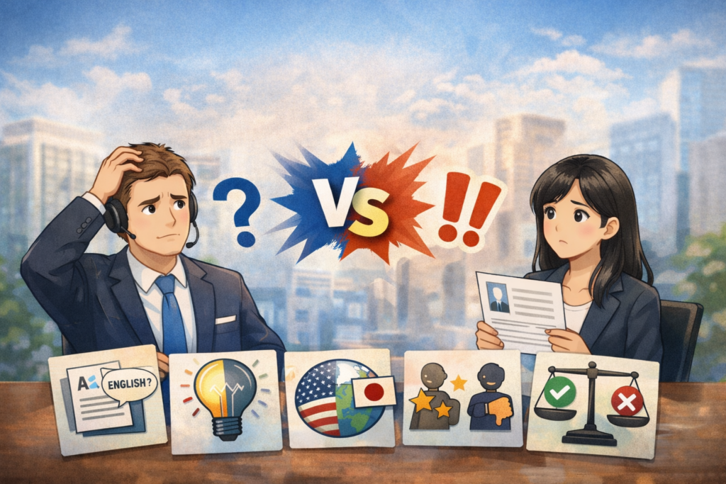 外資系企業の面接をテーマにしたイラスト。評価に迷う男性面接官と戸惑う女性応募者が描かれ、間に「VS」と強調された対立構図。机上には英語力・スキル・文化の違い・人柄評価・条件面（給与など）を象徴する5つのアイコンが並び、評価基準が割れる要因を視覚的に表現している。
