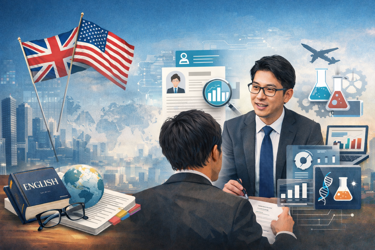 外資系転職では英語力より専門性が重要であることを示す、採用担当者と候補者の面接シーンのイメージ